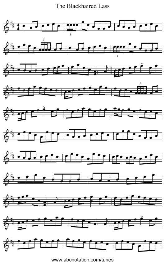 The Blackhaired Lass - staff notation