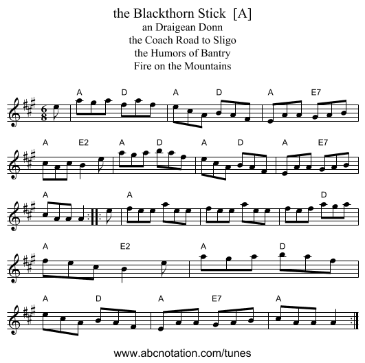 the Blackthorn Stick  [A] - staff notation