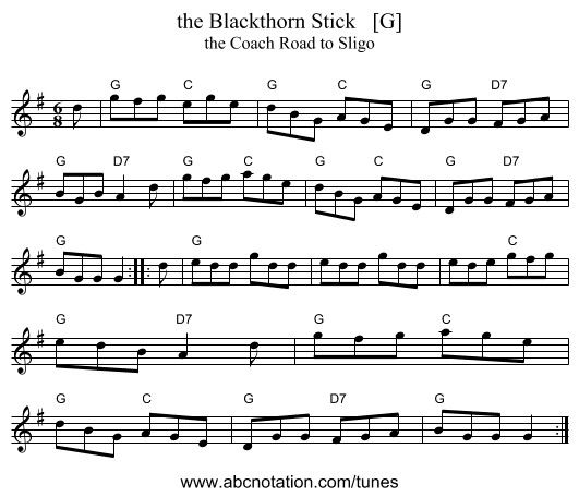 the Blackthorn Stick   [G] - staff notation
