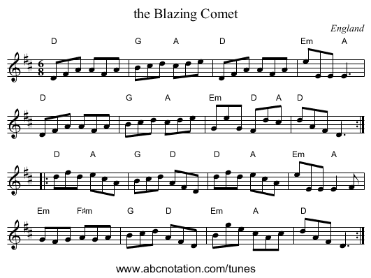 the Blazing Comet - staff notation