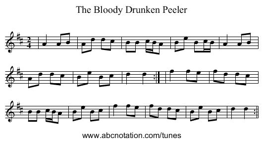 The Bloody Drunken Peeler - staff notation