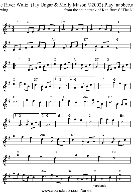 The Blue River Waltz  (Jay Ungar & Molly Mason &copy;2002) Play: aabbcc,aabbcc,d - staff notation