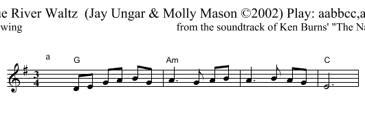 The Blue River Waltz  (Jay Ungar & Molly Mason &copy;2002) Play: aabbcc,aabbcc,d - staff notation