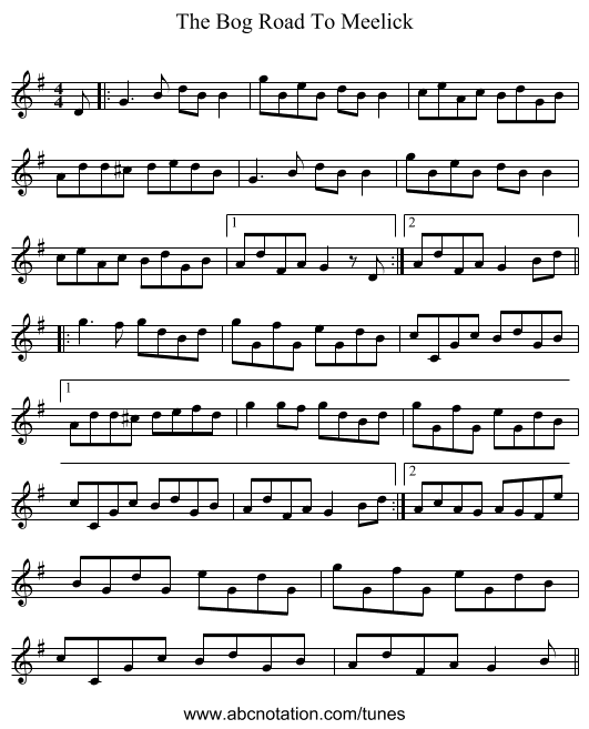 The Bog Road To Meelick - staff notation