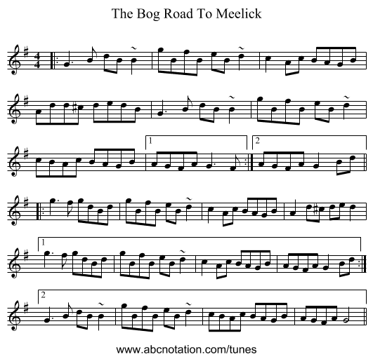 The Bog Road To Meelick - staff notation
