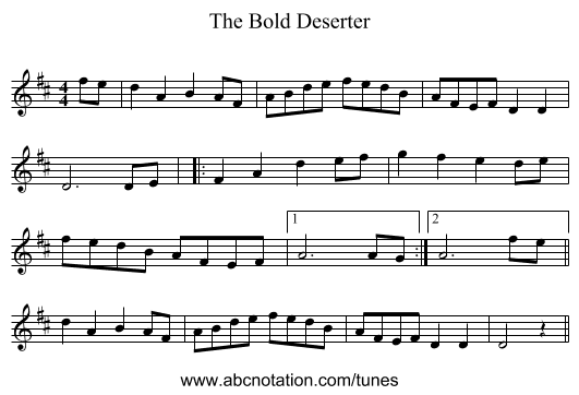 The Bold Deserter - staff notation
