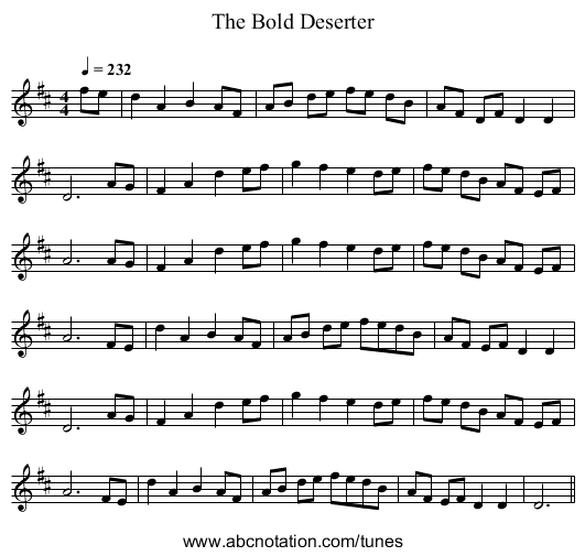 The Bold Deserter - staff notation