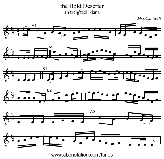 the Bold Deserter - staff notation