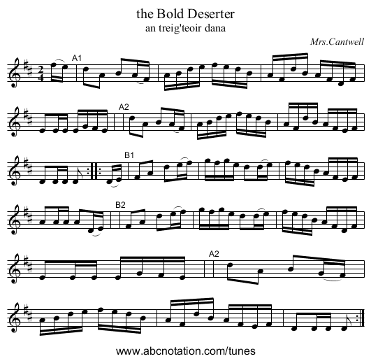 the Bold Deserter - staff notation