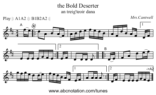 the Bold Deserter - staff notation