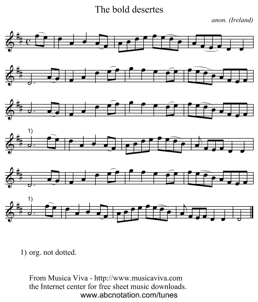 The bold desertes - staff notation