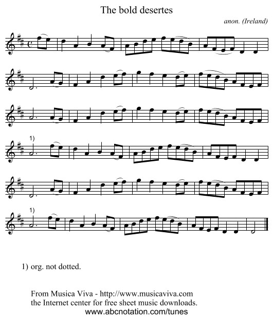 The bold desertes - staff notation