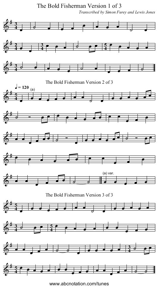 The Bold Fisherman Version 1 of 3 - staff notation