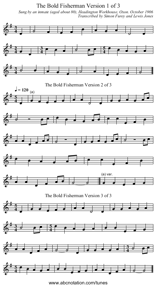 The Bold Fisherman Version 1 of 3 - staff notation