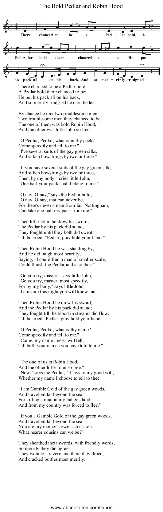 The Bold Pedlar and Robin Hood - staff notation