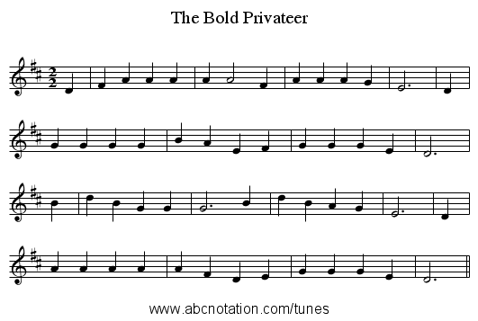 The Bold Privateer - staff notation