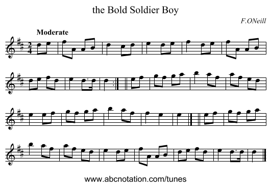 the Bold Soldier Boy - staff notation
