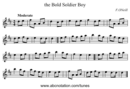 the Bold Soldier Boy - staff notation