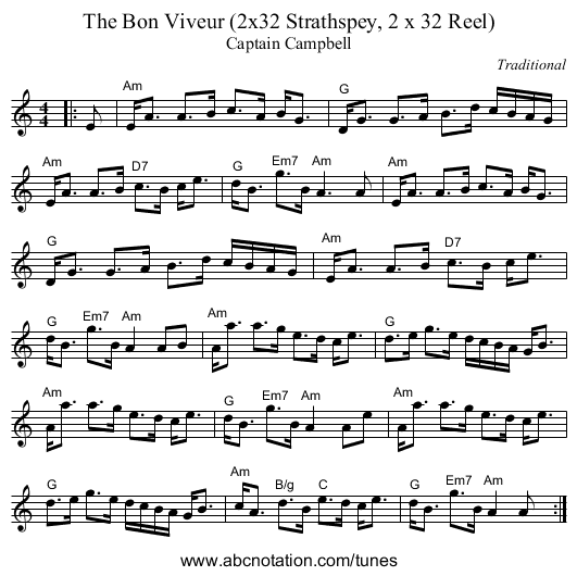 The Bon Viveur (2x32 Strathspey, 2 x 32 Reel) - staff notation
