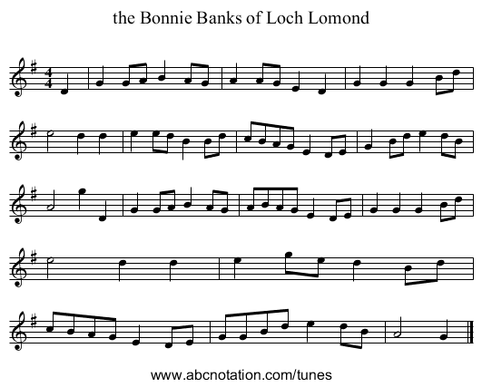 the Bonnie Banks of Loch Lomond - staff notation