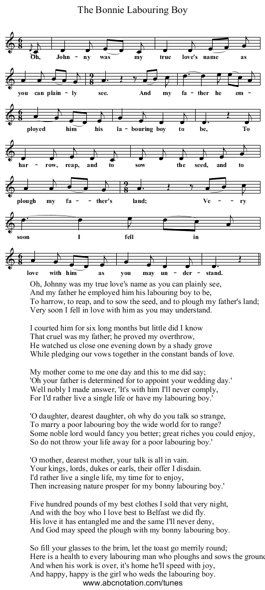 The Bonnie Labouring Boy - staff notation