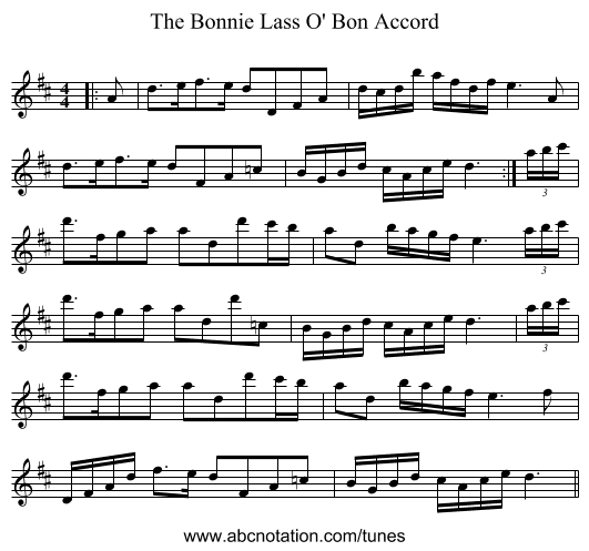 The Bonnie Lass O' Bon Accord - staff notation