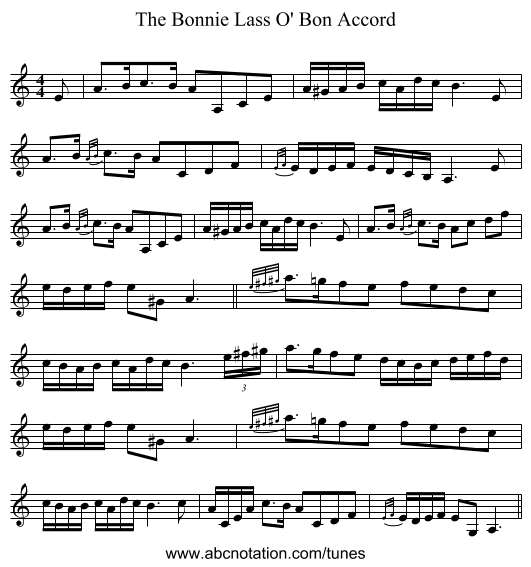 The Bonnie Lass O' Bon Accord - staff notation
