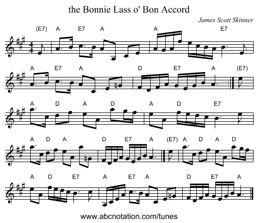 the Bonnie Lass o' Bon Accord - staff notation