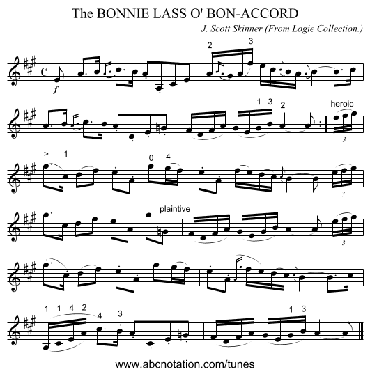 The BONNIE LASS O' BON-ACCORD - staff notation