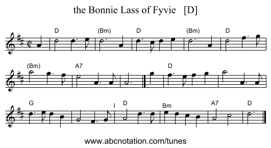 the Bonnie Lass of Fyvie   [D] - staff notation