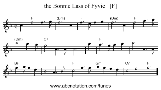 the Bonnie Lass of Fyvie   [F] - staff notation