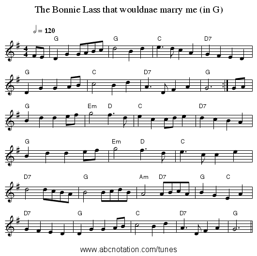 The Bonnie Lass that wouldnae marry me (in G) - staff notation