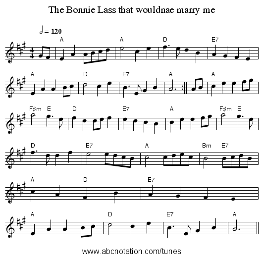 The Bonnie Lass that wouldnae marry me - staff notation
