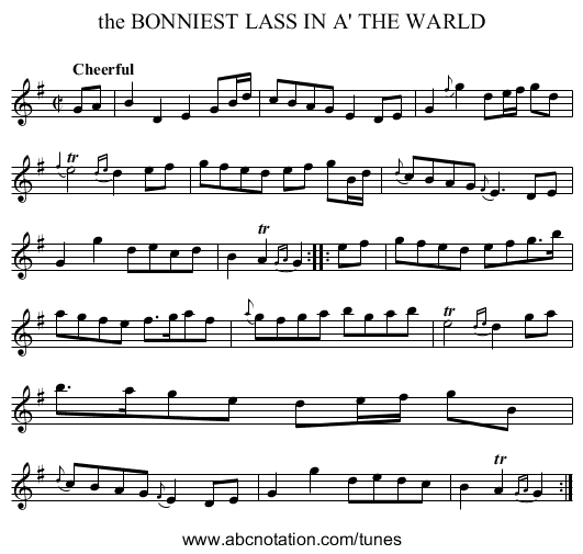 the BONNIEST LASS IN A' THE WARLD - staff notation