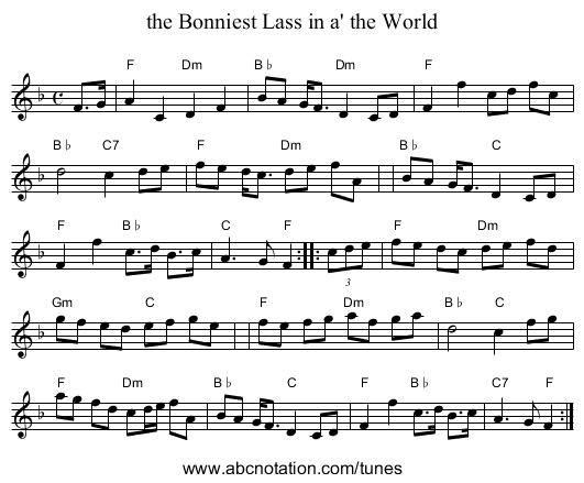 the Bonniest Lass in a' the World - staff notation