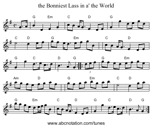 the Bonniest Lass in a' the World - staff notation