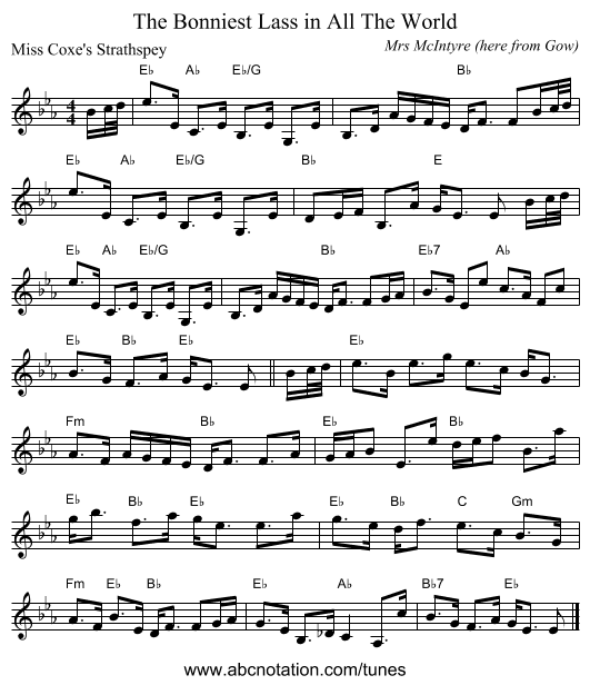 The Bonniest Lass in All The World - staff notation