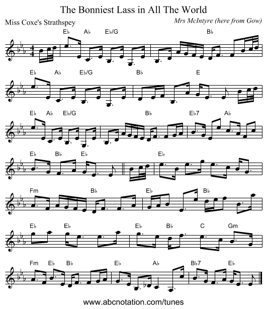The Bonniest Lass in All The World - staff notation