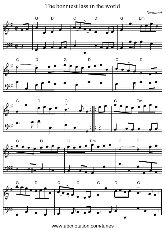 The bonniest lass in the world - staff notation