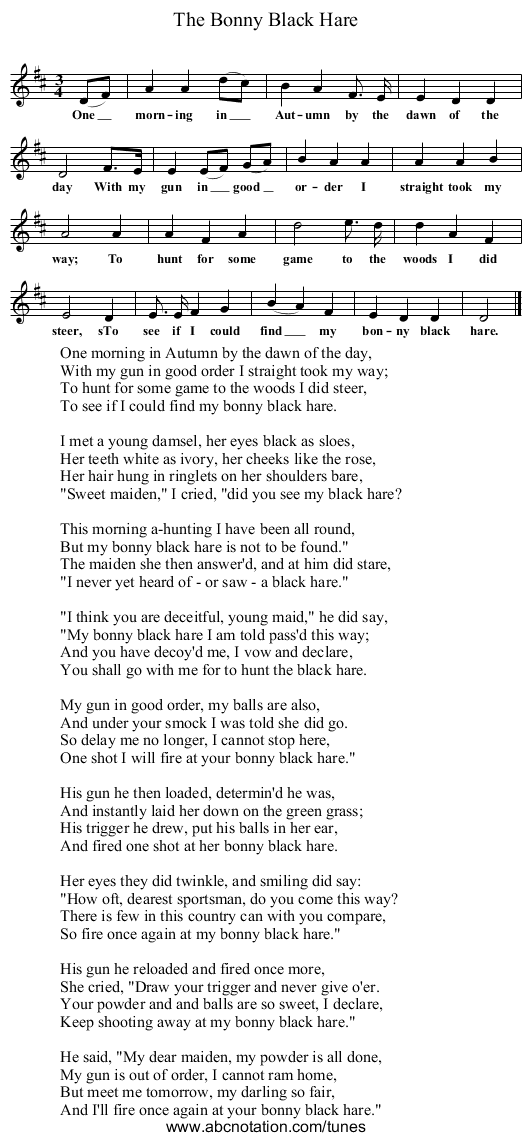 The Bonny Black Hare - staff notation