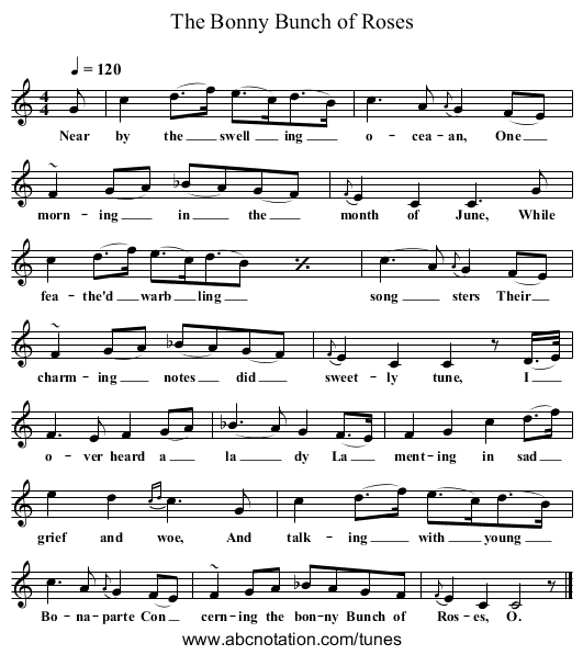 The Bonny Bunch of Roses - staff notation