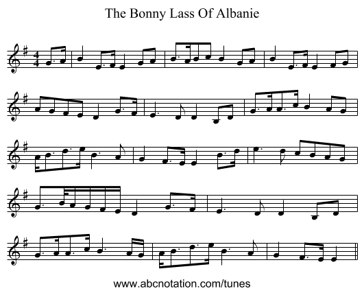 The Bonny Lass Of Albanie - staff notation