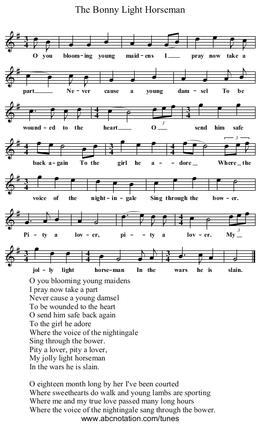 The Bonny Light Horseman - staff notation