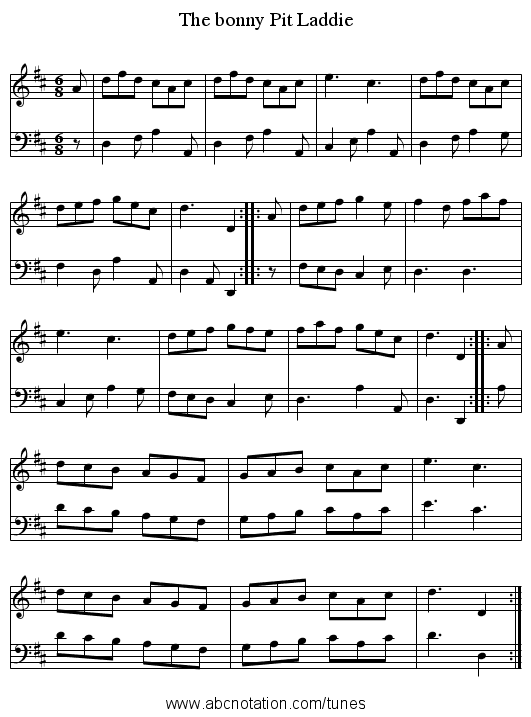 The bonny Pit Laddie - staff notation