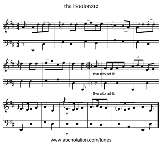 the Boolonzie - staff notation
