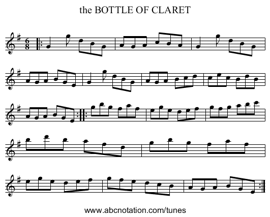 the BOTTLE OF CLARET - staff notation