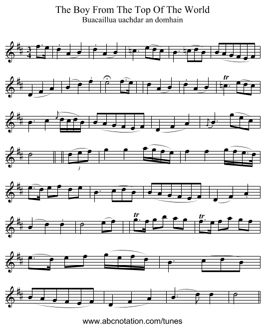 The Boy From The Top Of The World - staff notation