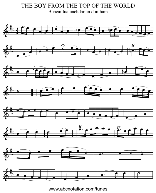 THE BOY FROM THE TOP OF THE WORLD - staff notation