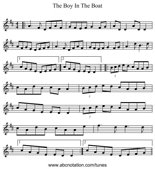The Boy In The Boat - staff notation