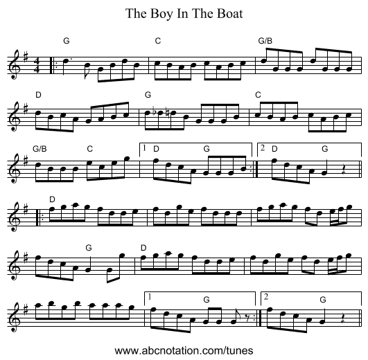 The Boy In The Boat - staff notation